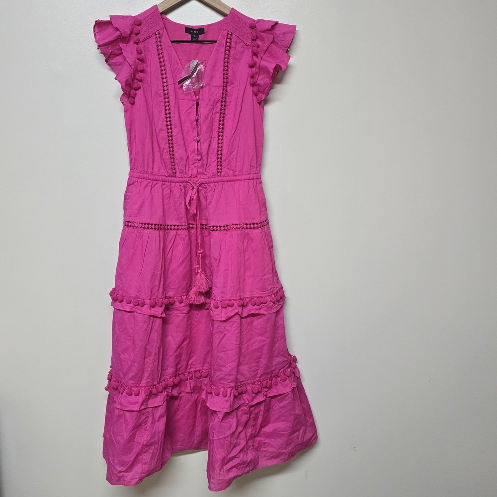 NWT J.Crew Pom-pom Midi in Neon Flamingo Pink Cotton Voile Tiered Dress Sz 0